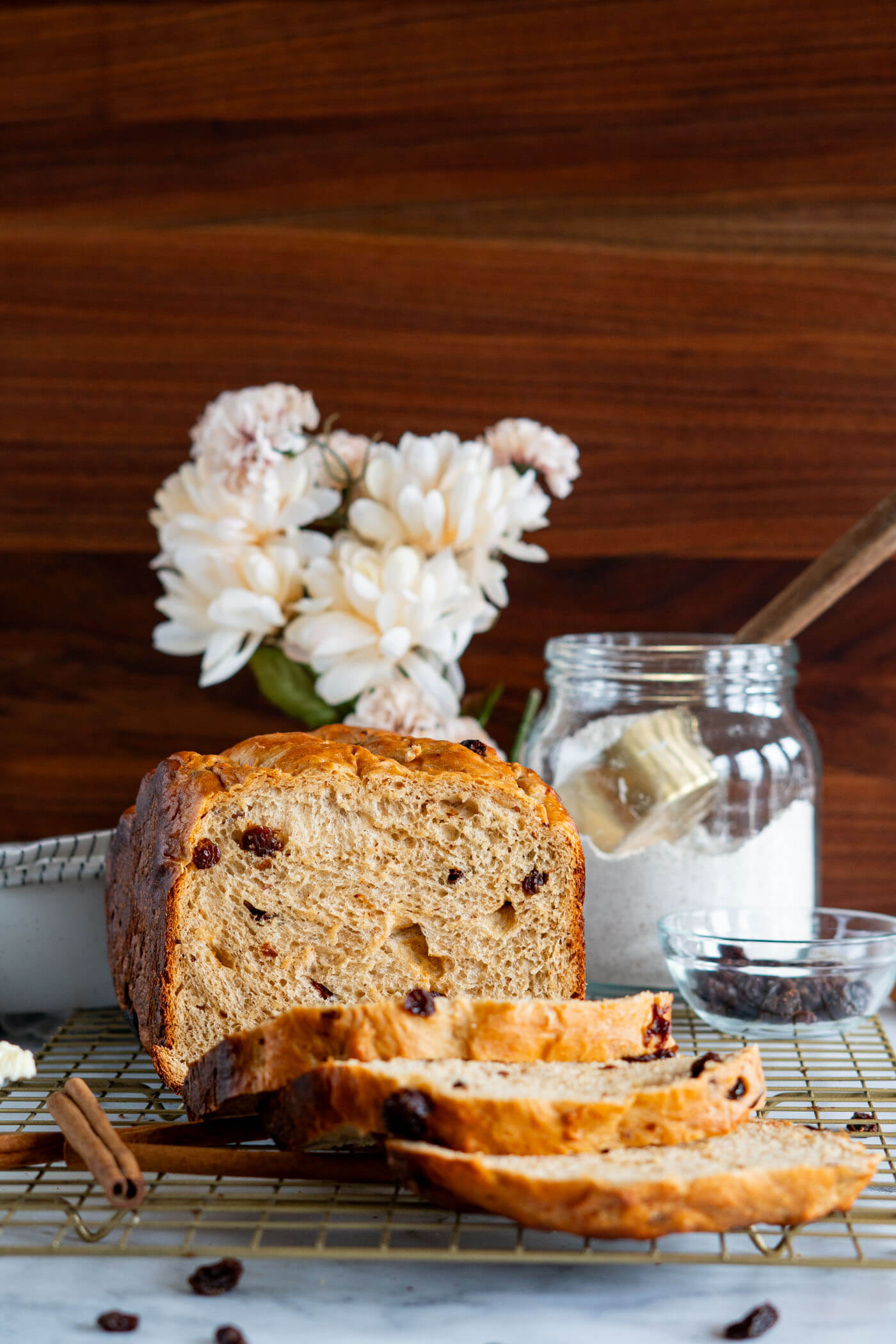 Sliced bread machine cinnamon raisin bread.