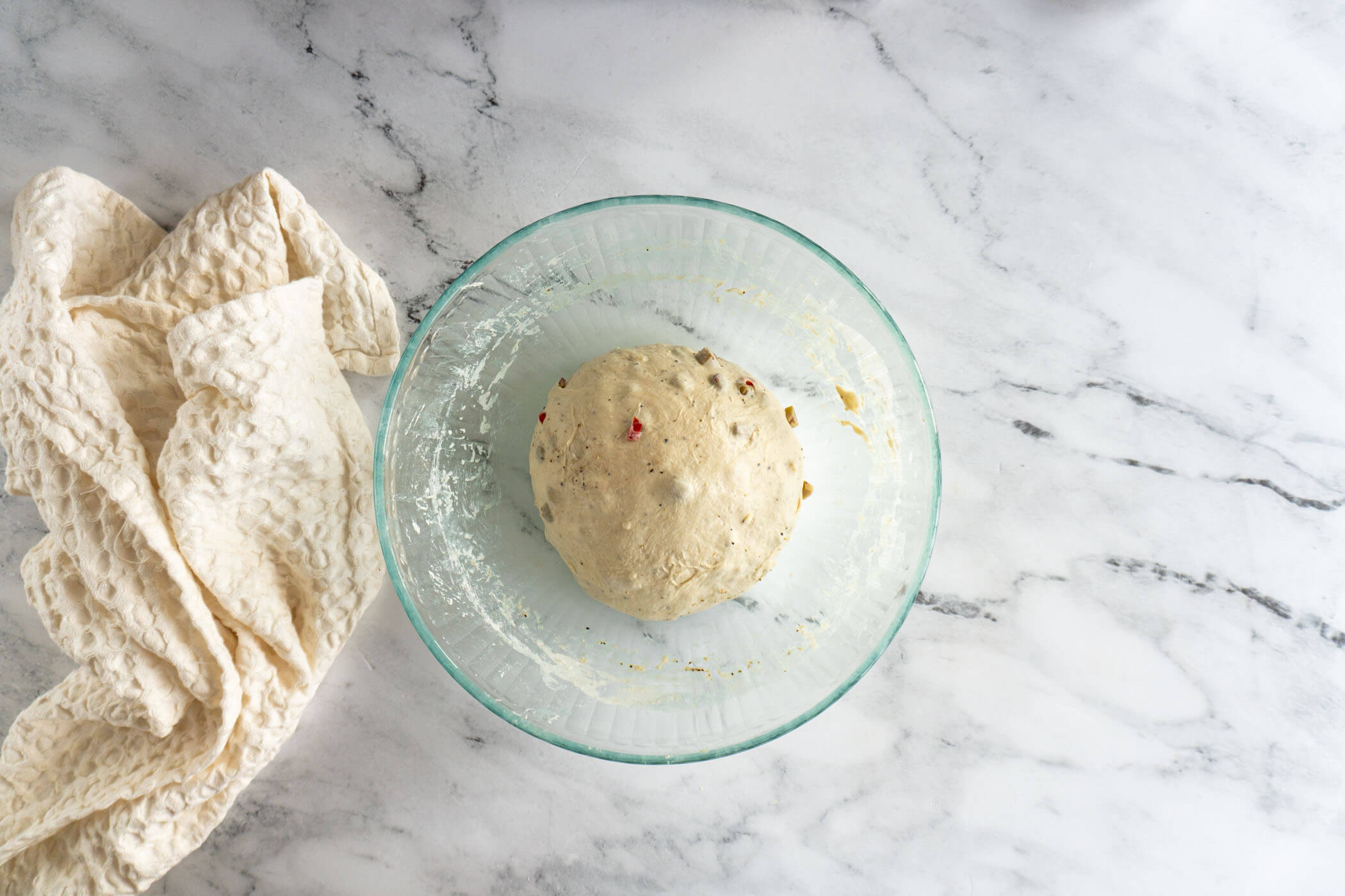 Olive sourdough dough before the bulk ferment.
