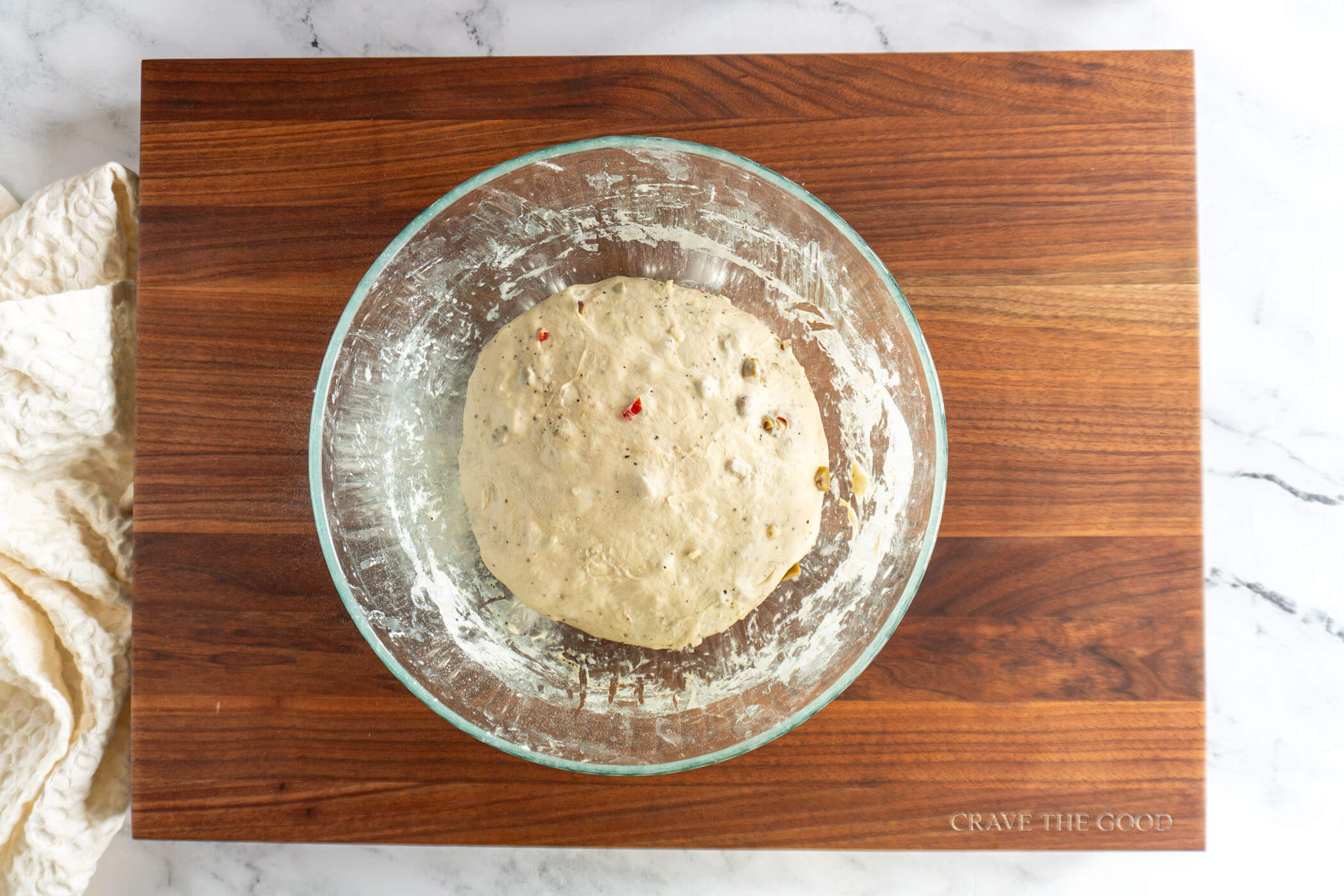 Olive sourdough dough after the bulk ferment.