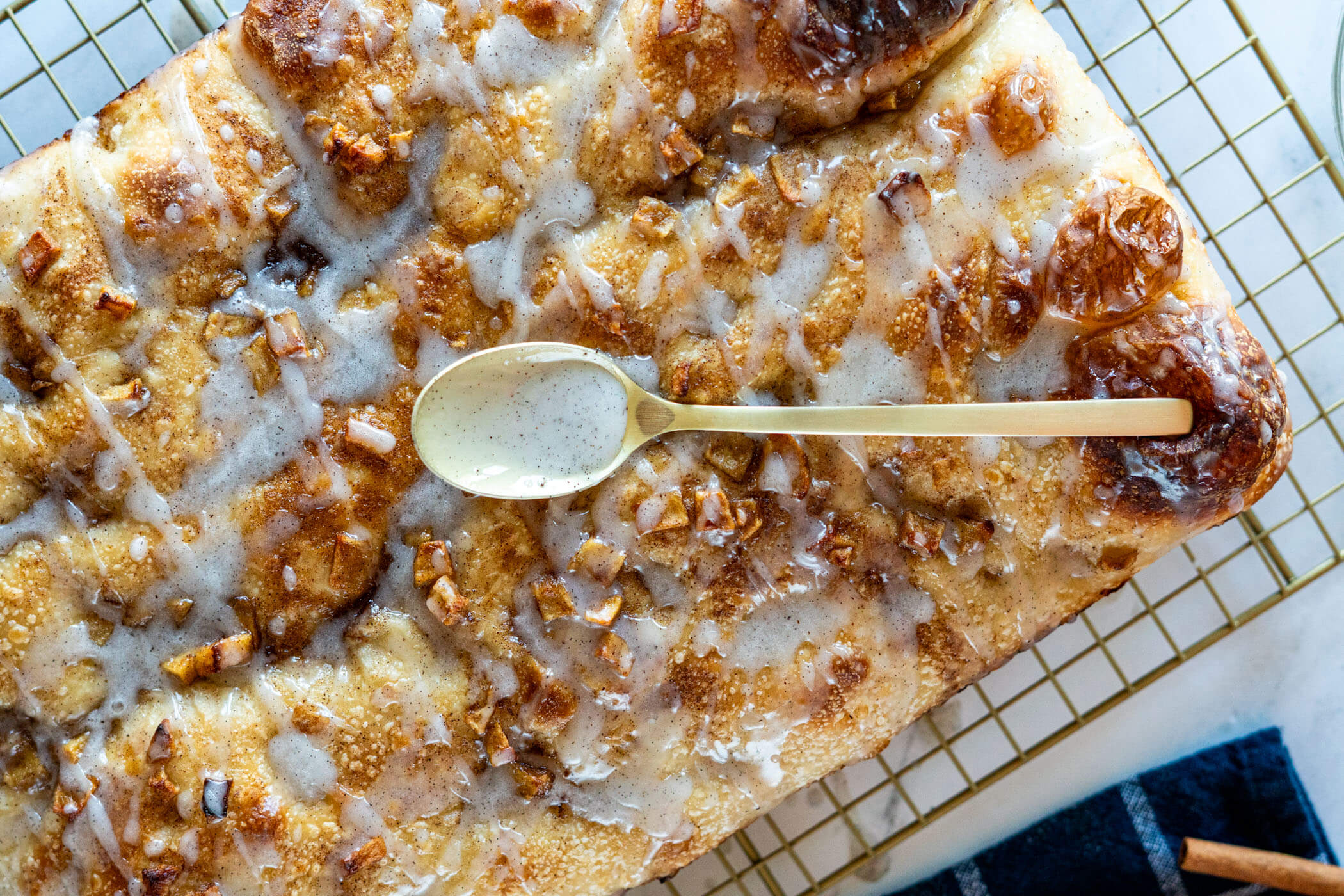 Baked and glazed apple fritter focaccia. 