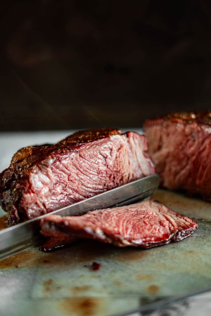 Slicing Traeger smoked roast beef. 