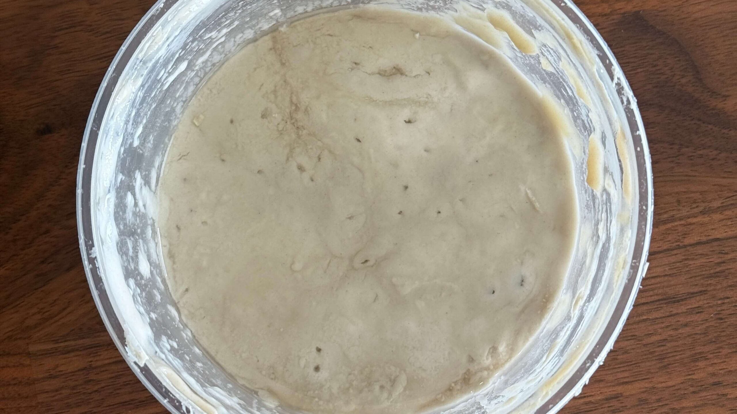 Unfed starter with grey hooch on top and bubble holes in the surface.